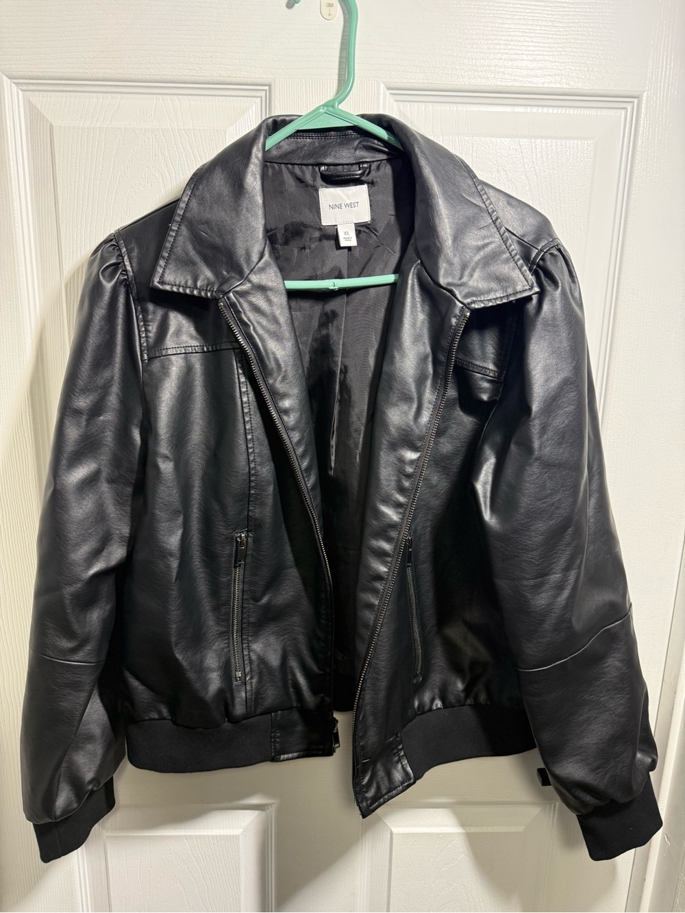 Nine West Black Faux Leather Bomber with Zip Pockets